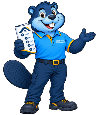 SafeTech beaver mascot holding a roofing checklist