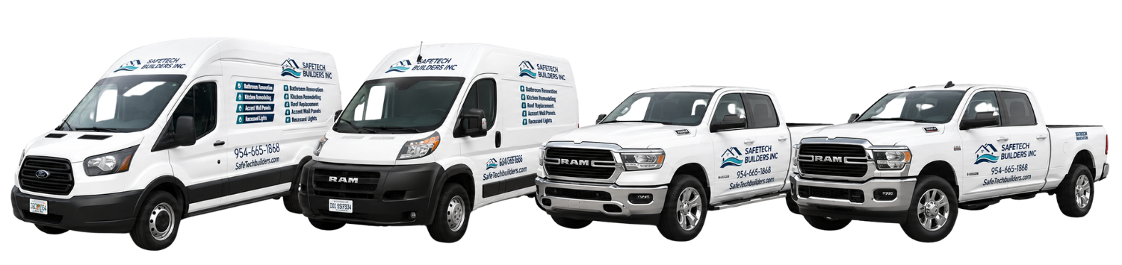 Safetech fleet — two branded cargo vans and two branded Ram pickup trucks