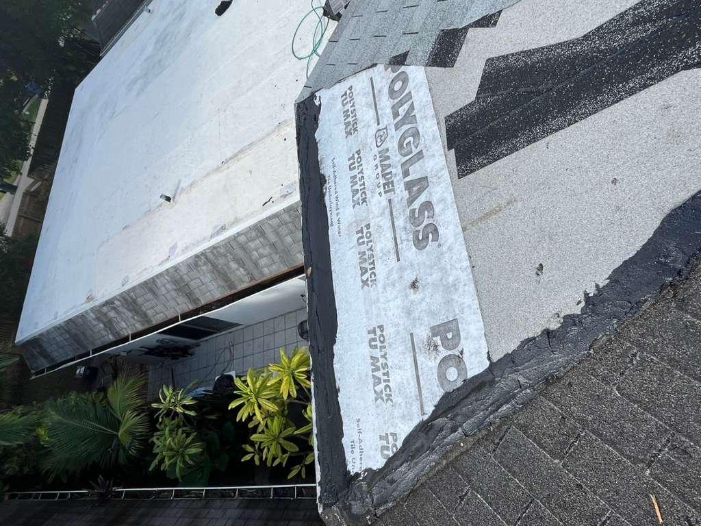 Polystick TU MAX underlayment terminated and sealed in mastic along a roof edge in Broward County, Florida