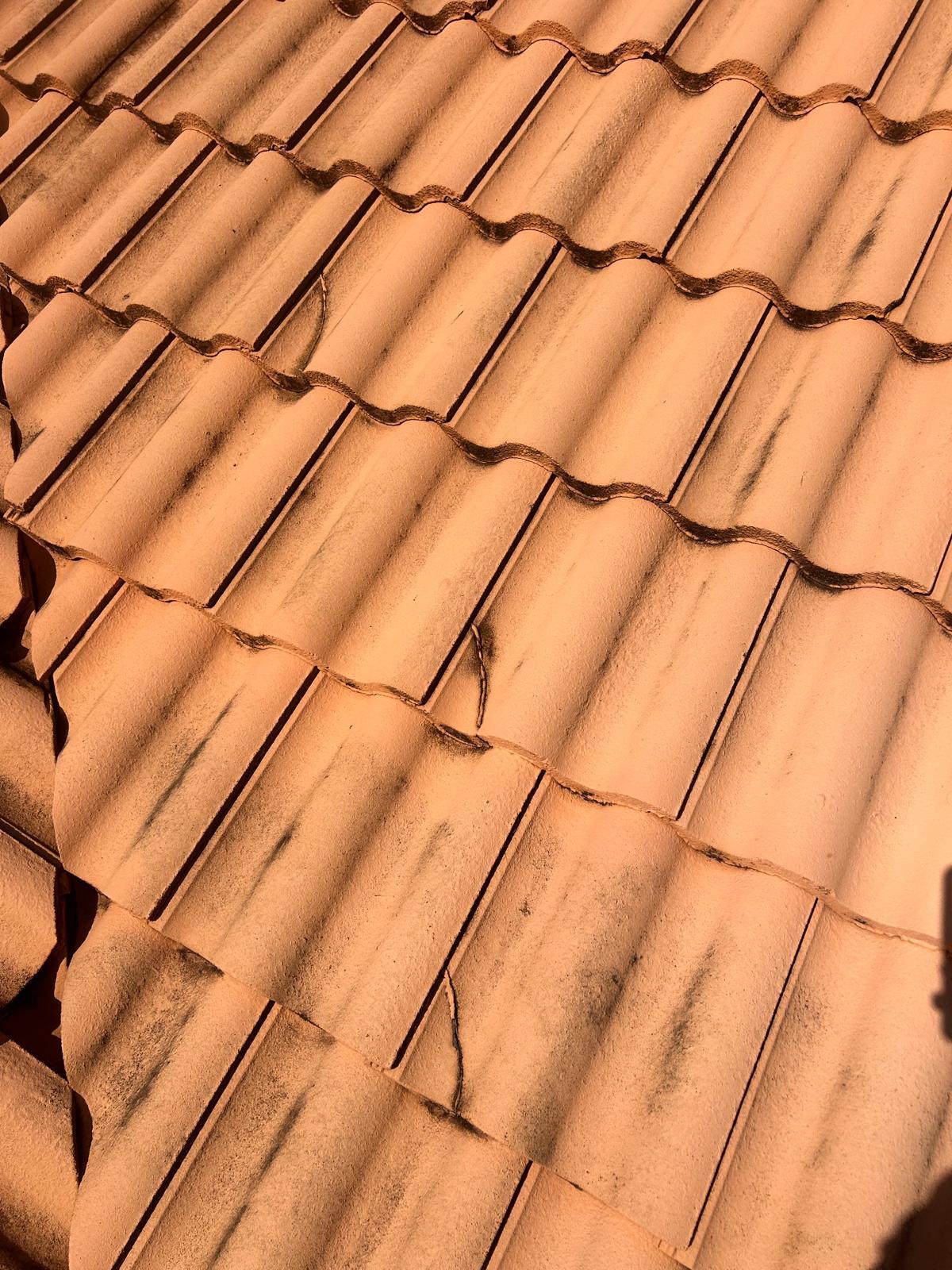Hairline cracks running through concrete roof tiles caused by foot traffic on a Broward County roof