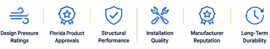 Design pressure ratings, Florida product approvals, structural performance, installation quality, manufacturer reputation, long-term durability