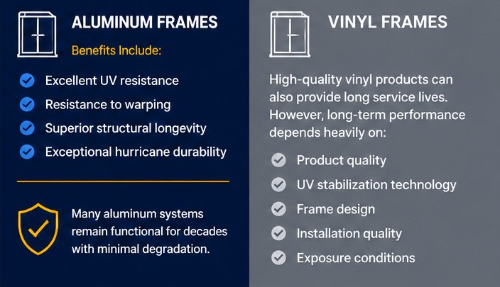 Aluminum frame benefits: UV resistance, resistance to warping, structural longevity, hurricane durability. Vinyl frame considerations: product quality, UV stabilization technology, frame design, installation quality, exposure conditions.