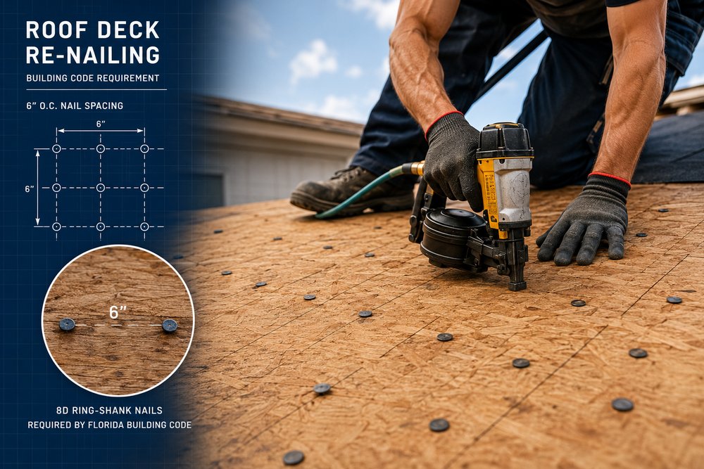 Roofer performing deck re-nailing with 6-inch nail spacing on plywood deck