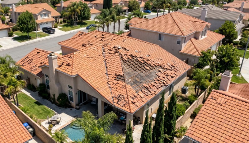 Aerial view of a home with a tile roof