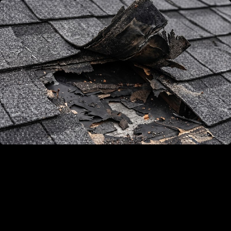 Close-up of damaged roof shingles