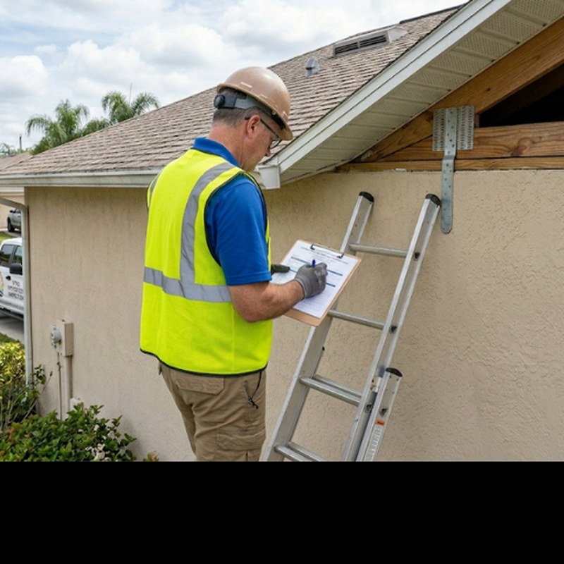 Licensed inspector on a ladder inspecting a home's roof for wind mitigation credits