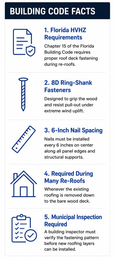 Florida HVHZ Requirements: 8D Ring-Shank Fasteners, 6-Inch Nail Spacing, Required During Many Re-Roofs, Municipal Inspection Required