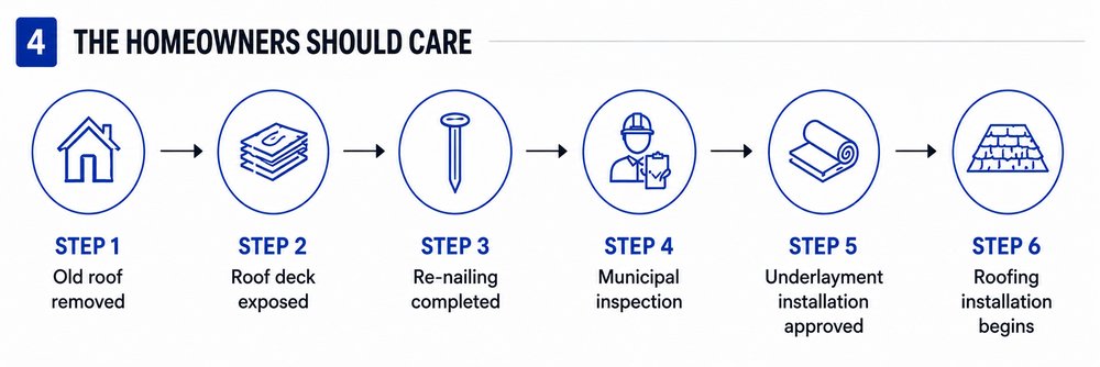 6-step timeline: 1) old roof removed, 2) roof deck exposed, 3) re-nailing completed, 4) municipal inspection, 5) underlayment installation approved, 6) roofing installation begins