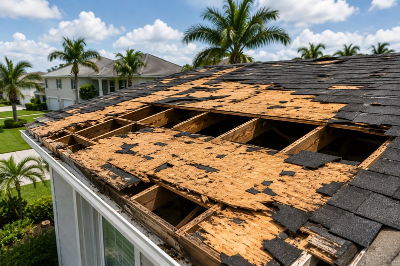 Hurricane-damaged roof with exposed plywood decking on a South Florida home