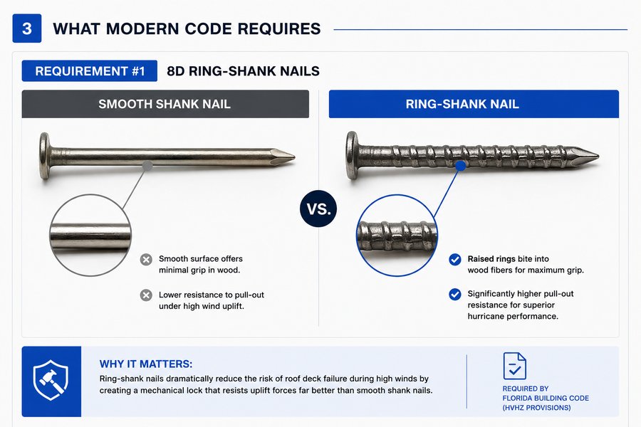Requirement #1: 8D Ring-Shank Nails — smooth shank vs ring-shank nail comparison