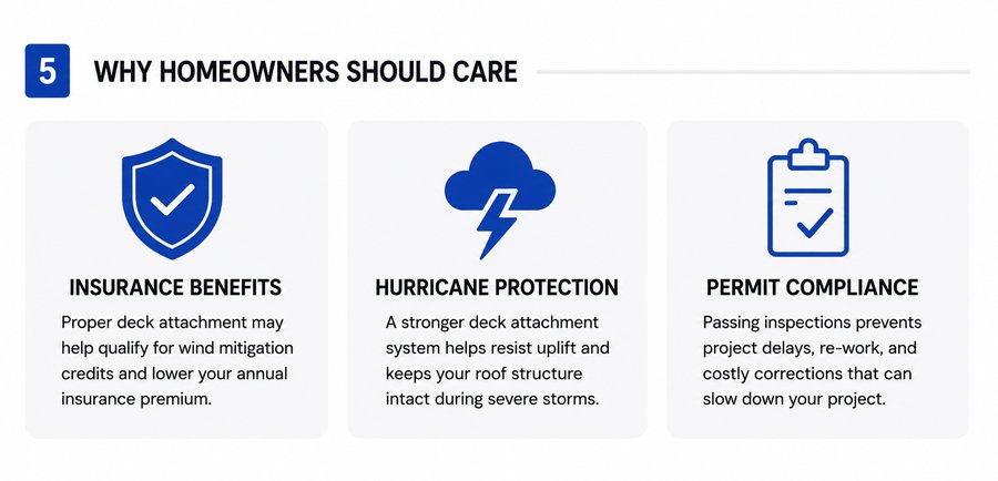 Three benefits of proper deck re-nailing: Insurance Benefits (wind mitigation credits), Hurricane Protection (resists uplift), Permit Compliance (passes inspections)