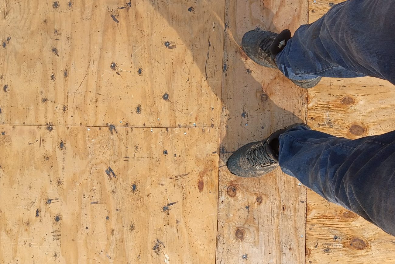 Nail pattern across a re-fastened plywood roof deck, with a roofer standing on the sheets