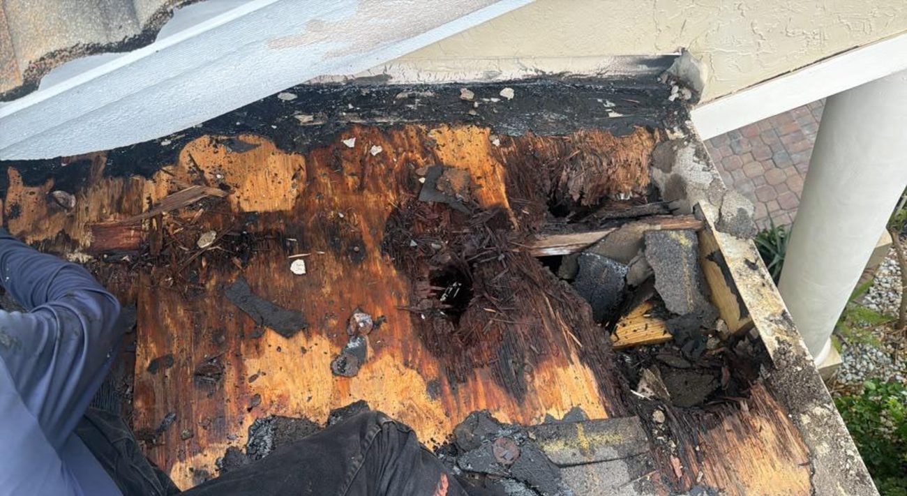 Roof decking rotted through with holes and delamination beneath a failed mastic repair