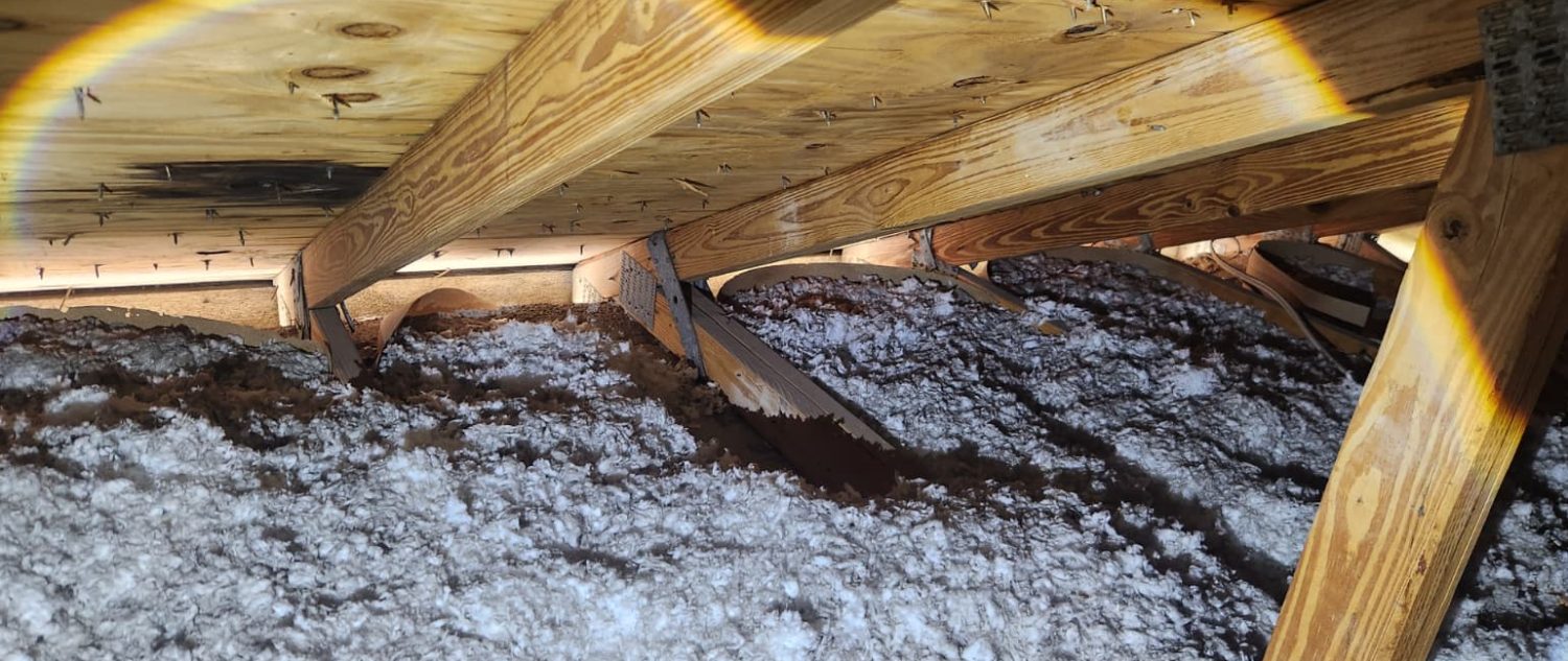 Run of truss connections along an attic wall line with ventilation baffles and blown-in insulation