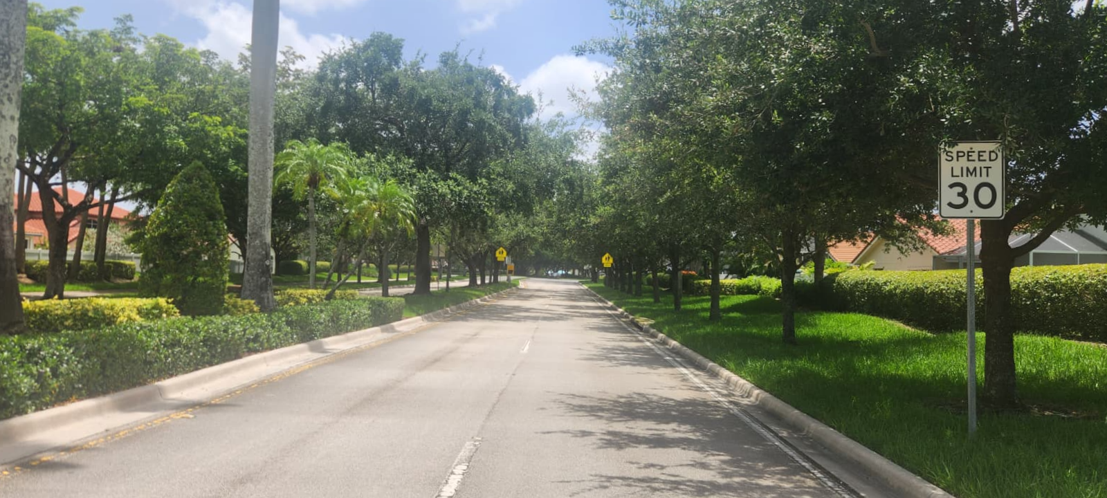Tree-lined residential street inside a gated Pembroke Pines community