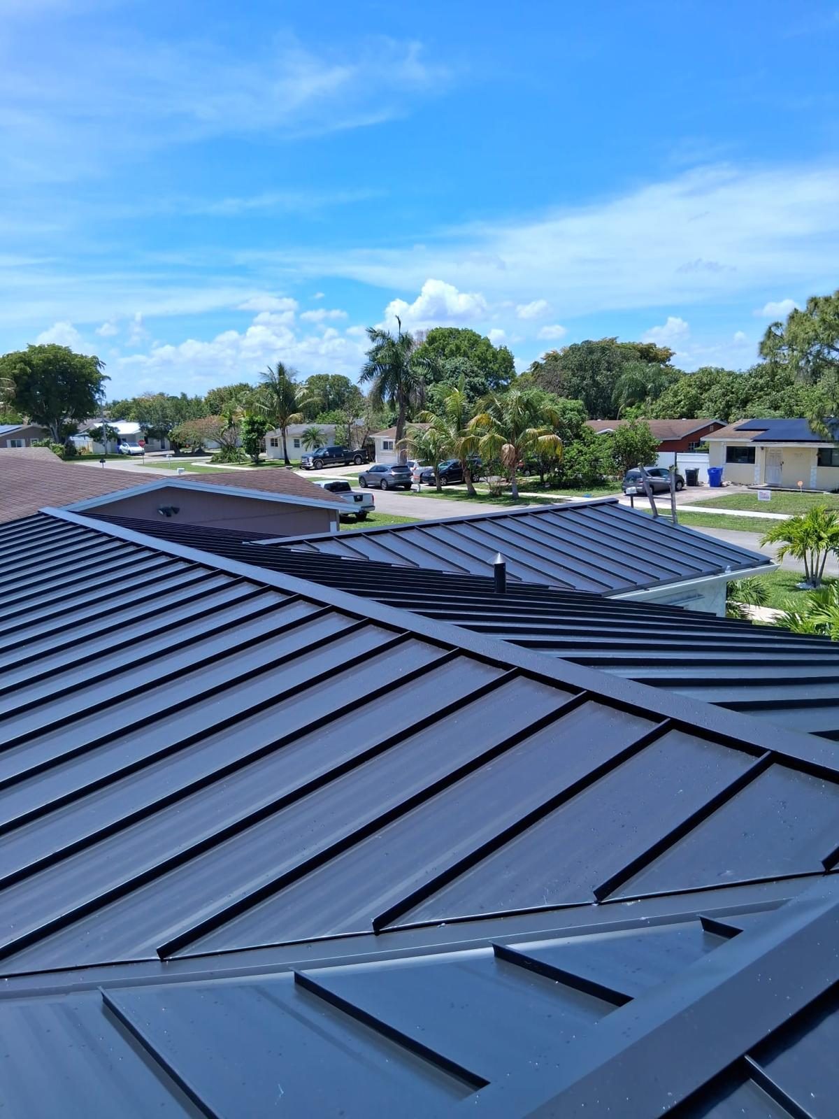 Dark standing-seam metal roof on a Broward County home showing clean panel lines from ridge to eave